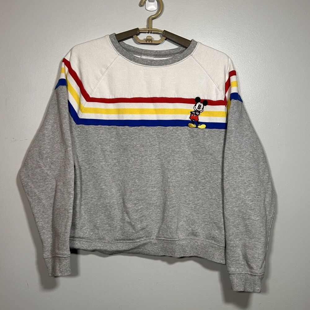 Disney Women's Striped Embroidered Mickey Sweatshirt Sz. M Gray